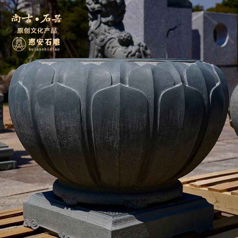 尚古石器 天然青石原创莲花荷花门海 大件别墅会所配套家居饰品