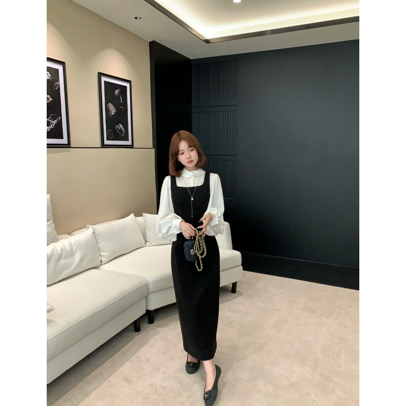 板栗西西【山茶手信】秋冬法式设计感气质不规则领衬衫背带裙套装