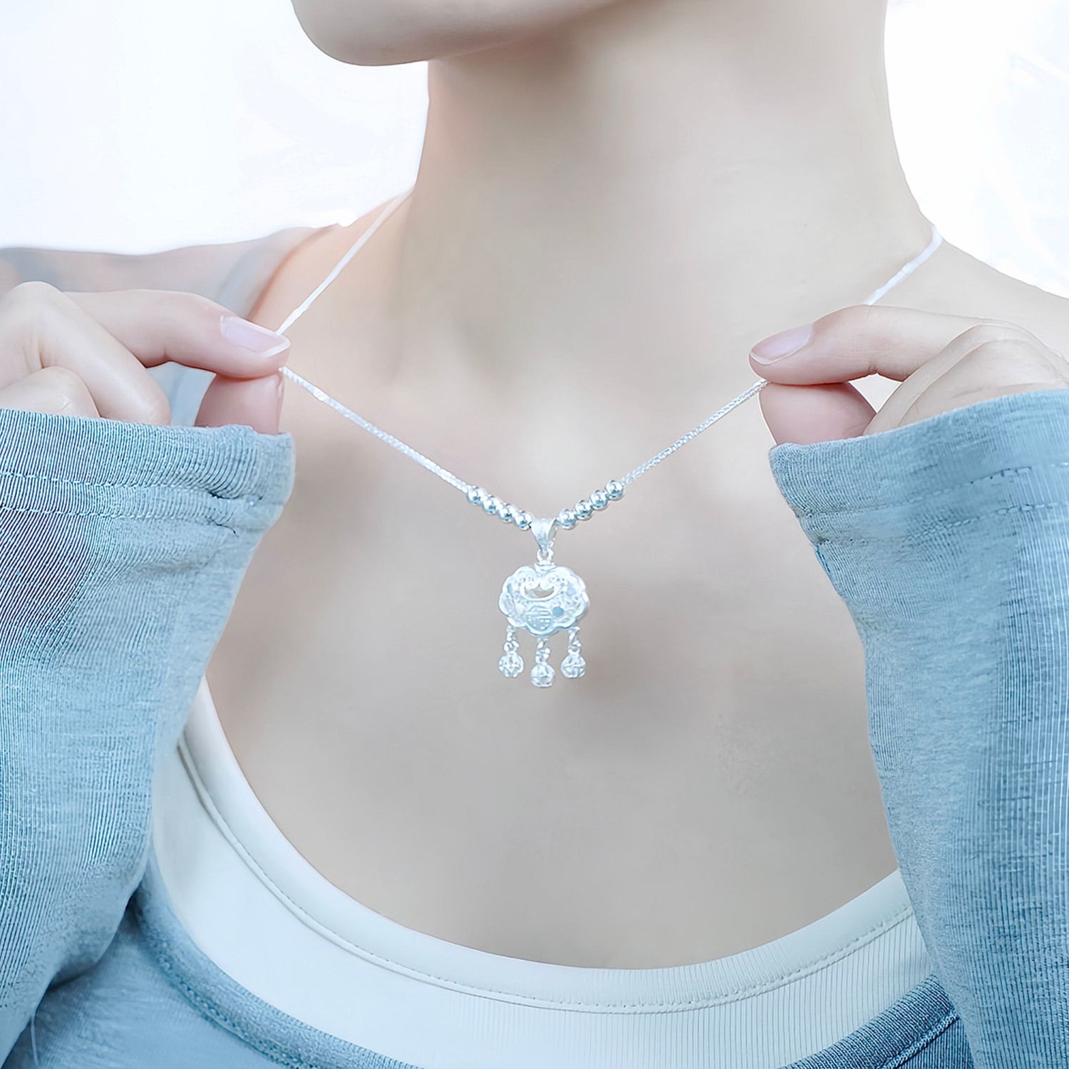 吊坠足银 手工足银生日礼物平安锁吊坠男女同款挂坠老婆情人礼物