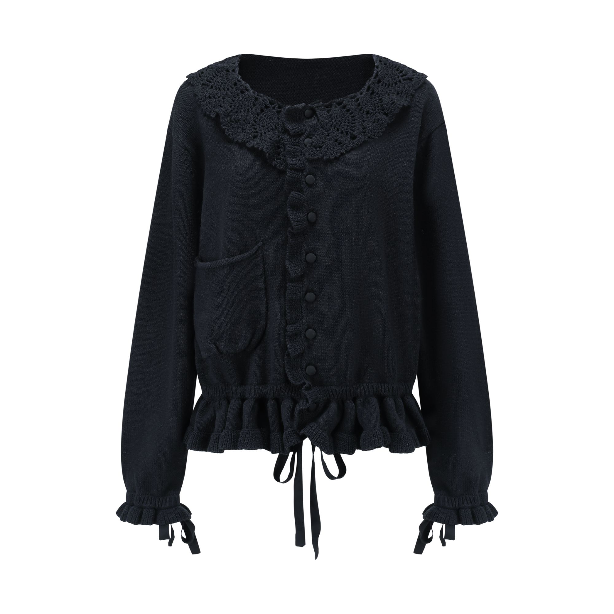 Black Crochet-Trim Cardigan 钩花领甜感暗黑系亚麻棉开衫