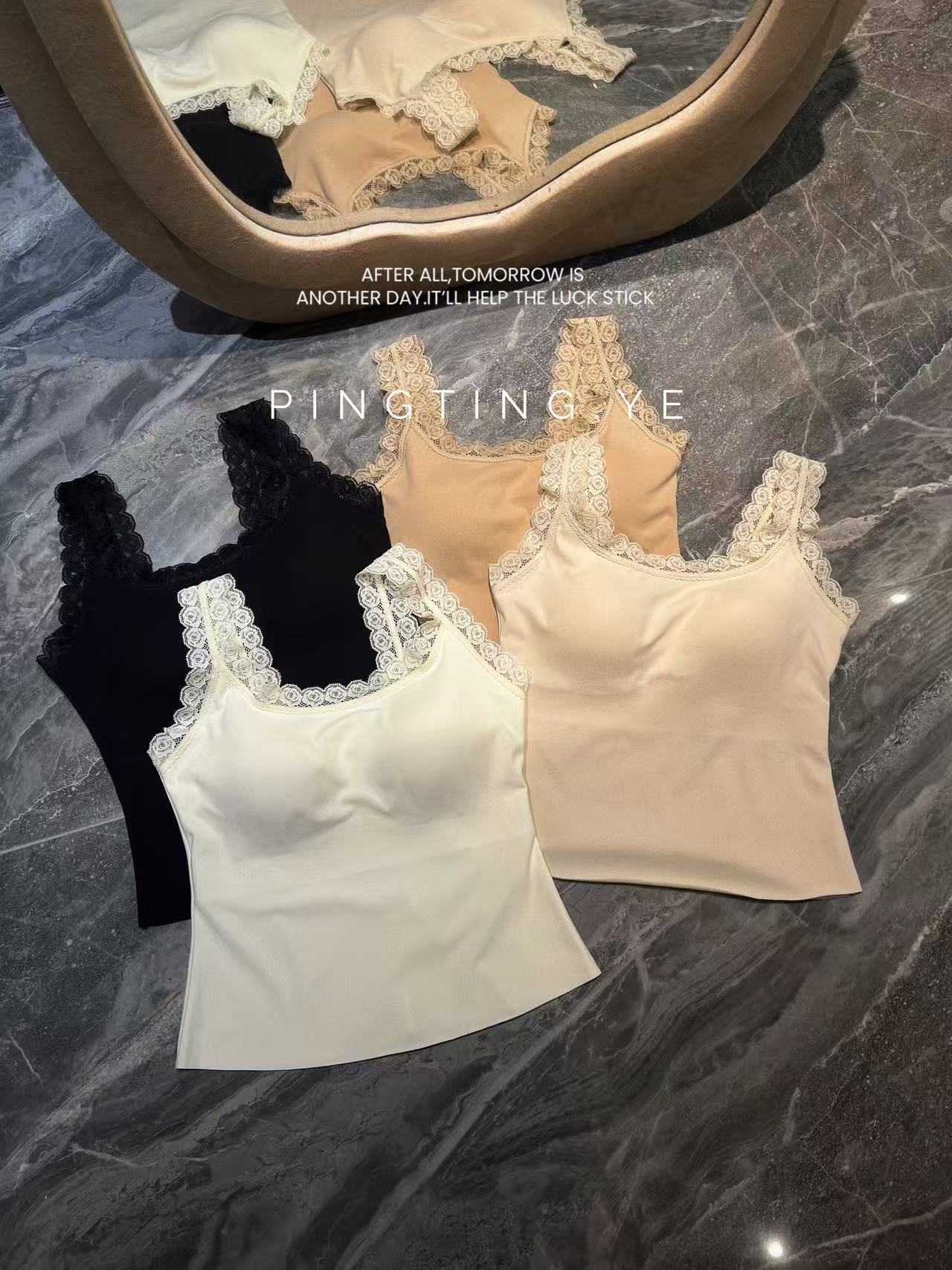 PINGTING.YE磨毛无痕一体式宽边工字蕾丝背心美背