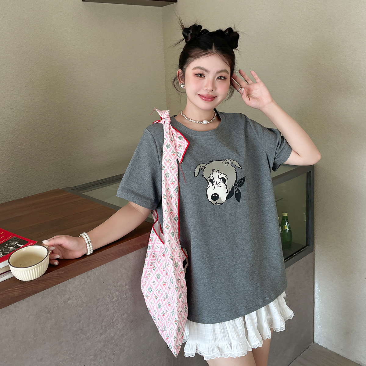 【现现专场】夏新款大码女装正肩小狗印花T恤胖mm宽松显瘦圆领上衣