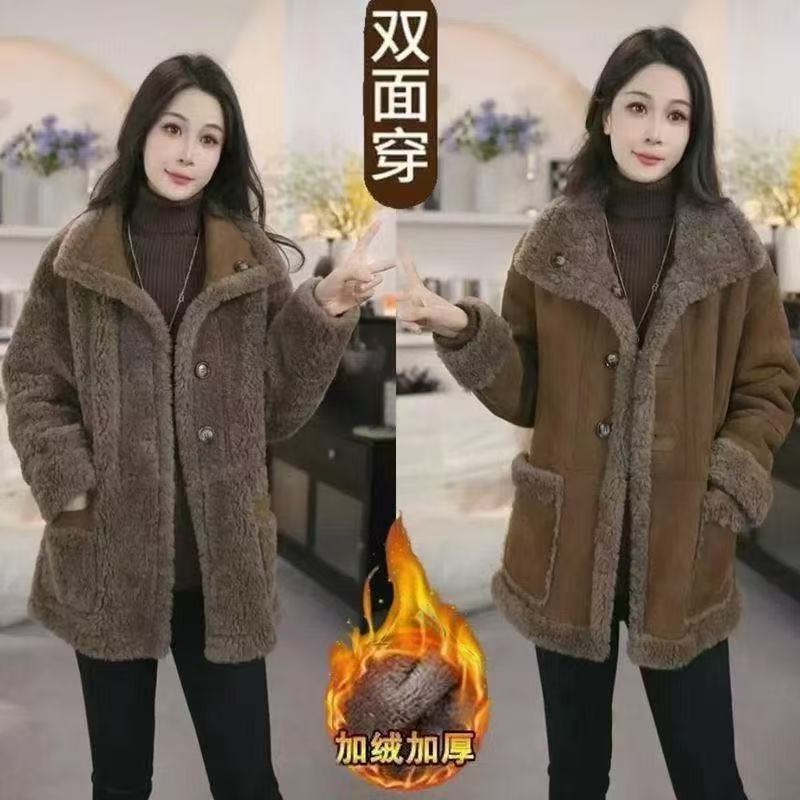 双面穿新款时尚宽松外套百搭显瘦加厚冬季皮毛一体外套