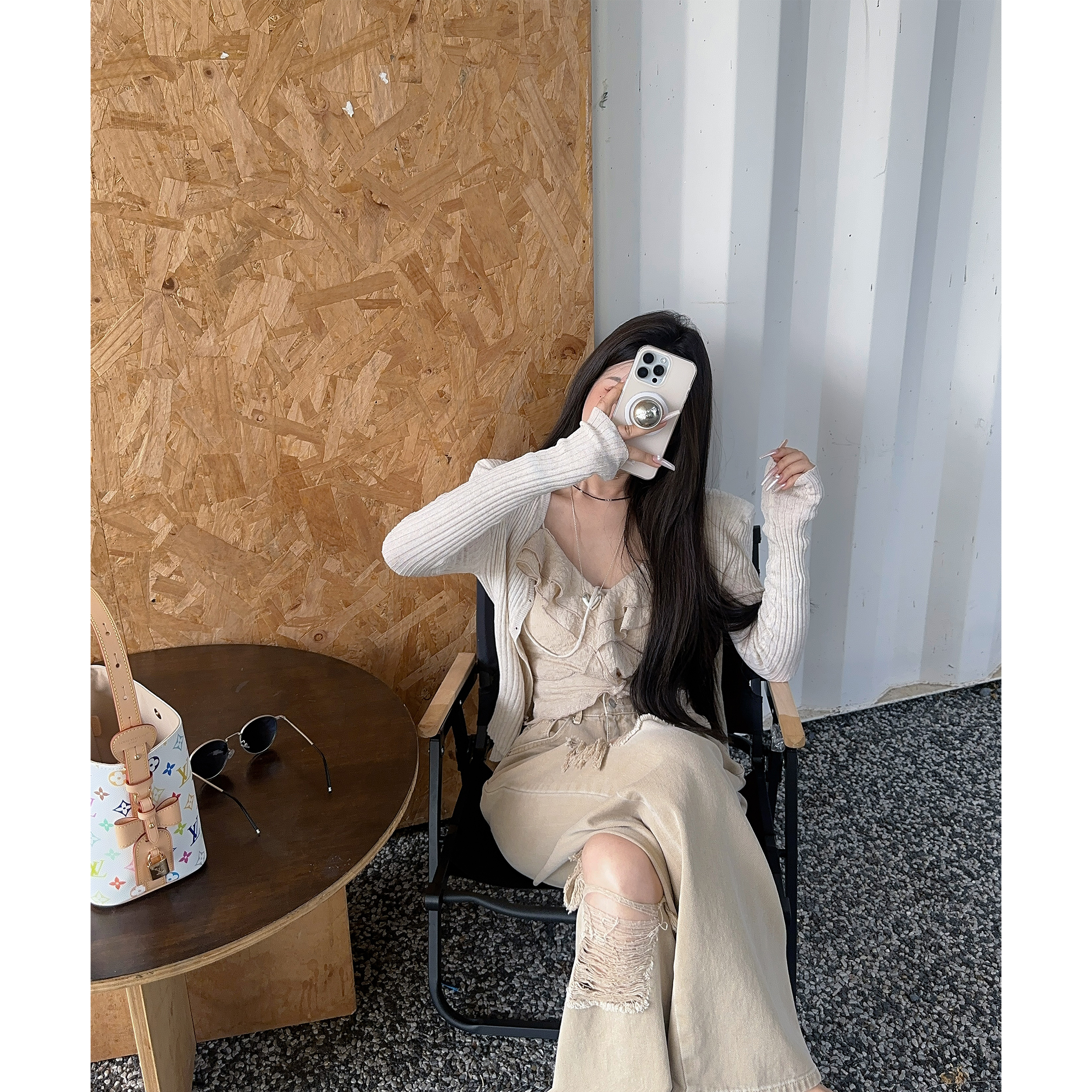 21DEGREES【甜静小野猫】杏色防晒开衫纯欲小吊带破洞磨白牛仔裤薄