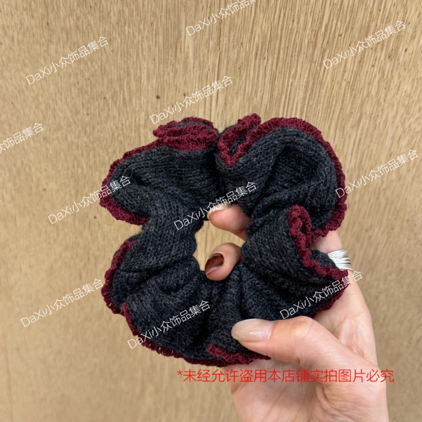 灰色红边秋冬韩系针织大肠发圈女简约百搭高级感发绳