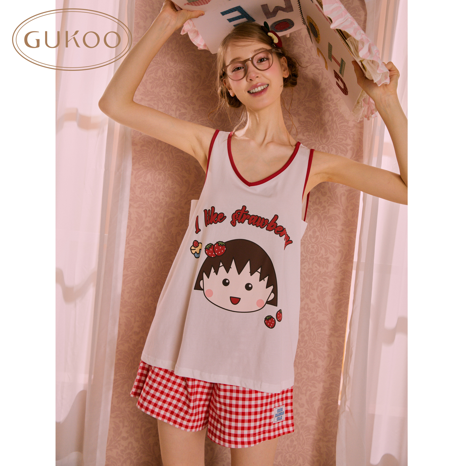 GUkoo/果壳睡衣女夏季樱桃小丸子联名甜美纯棉套装826226211601