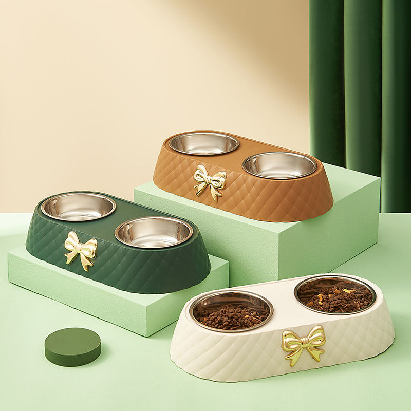不锈钢宠物可爱蝴蝶结设计两用喂食碗含防滑脚垫