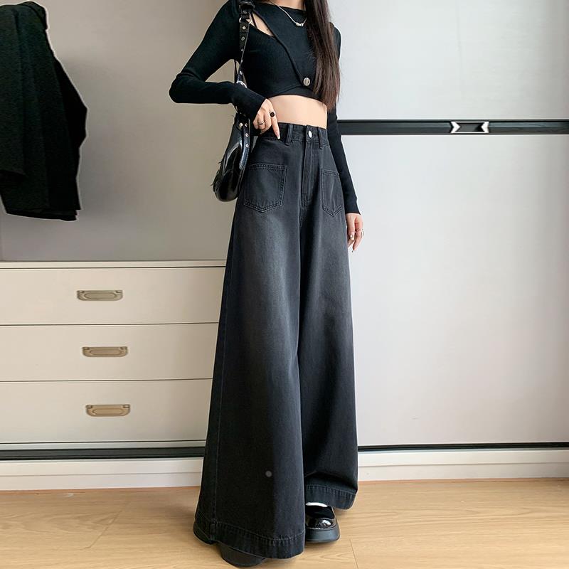 黑灰色牛仔裤女春秋2025新款宽松阔腿裤高腰显瘦垂感拖地大脚裤裙