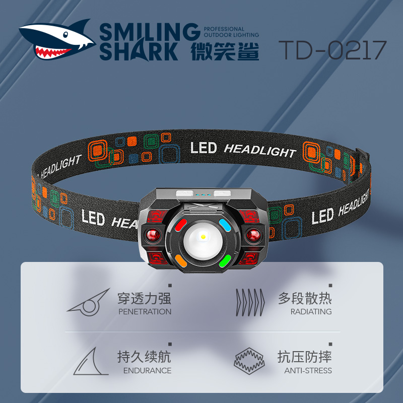 微笑鲨】0217钓鱼专用感应2025新款强光超亮变焦头戴式户外红蓝光