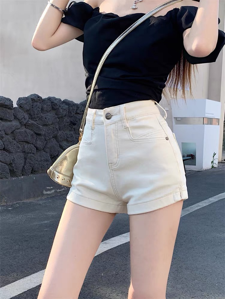 2292#米白色四面弹高腰阔腿牛仔短裤百搭热裤