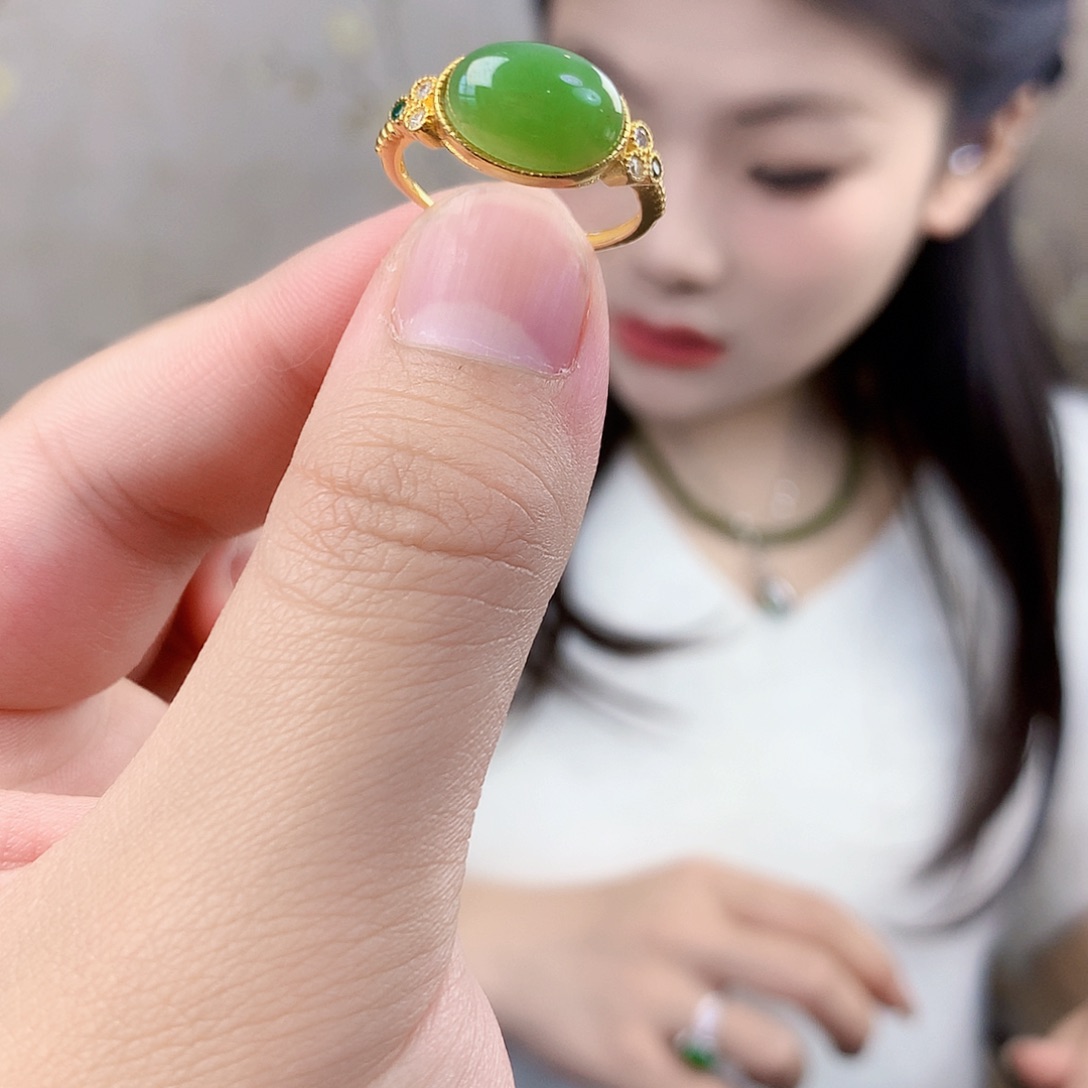 和田玉（碧玉）银S925镶嵌吊坠(不含链)戒指