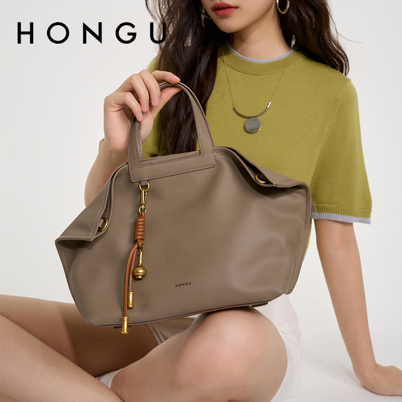 HONGU/红谷包包女2025新款质感真皮手提包通勤上班牛皮斜跨包