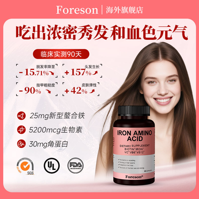 Foreson福瑞森进口补铁生物素面色红润补气血浓密秀发防脱60粒/瓶