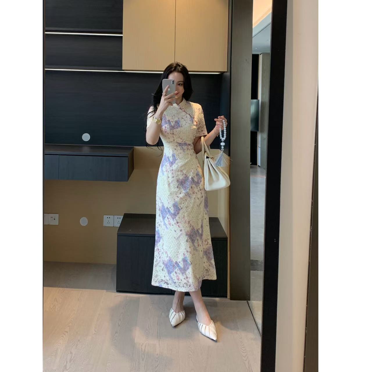 XINYI【紫琉璃】春夏弹力蕾丝印花连衣裙收腰显瘦气质X625Q02828