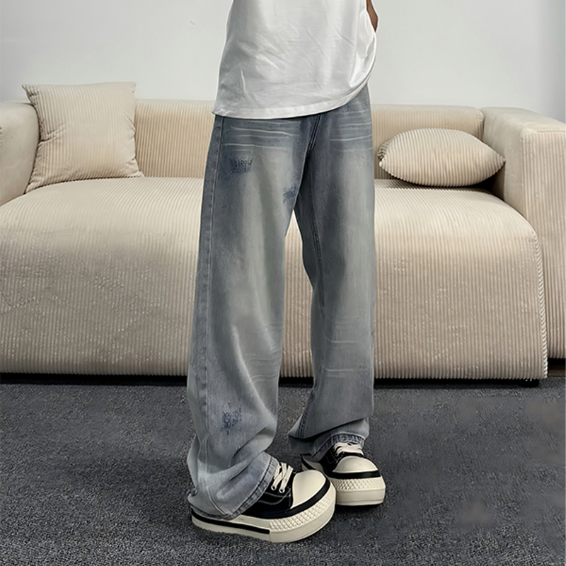 SETASSE 复古破洞牛仔裤男潮牌宽松直筒裤子男青少年水洗阔腿长裤