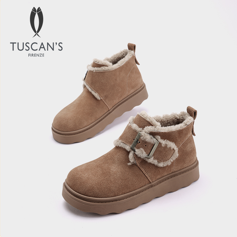 TUSCAN'S冬季保暖舒适真皮羊毛休闲圆头时尚雪地靴短筒厚底女鞋