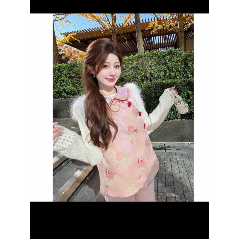 高定|熊猫桃桃 螺钿幻彩宋锦轻薄秋冬马甲