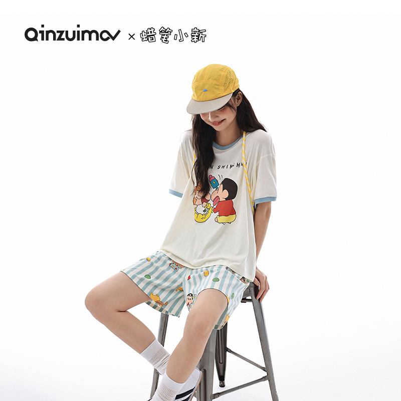 亲嘴猫【蜡笔小新】纯棉短袖短裤睡衣女春夏季圆领套装家居服可外穿
