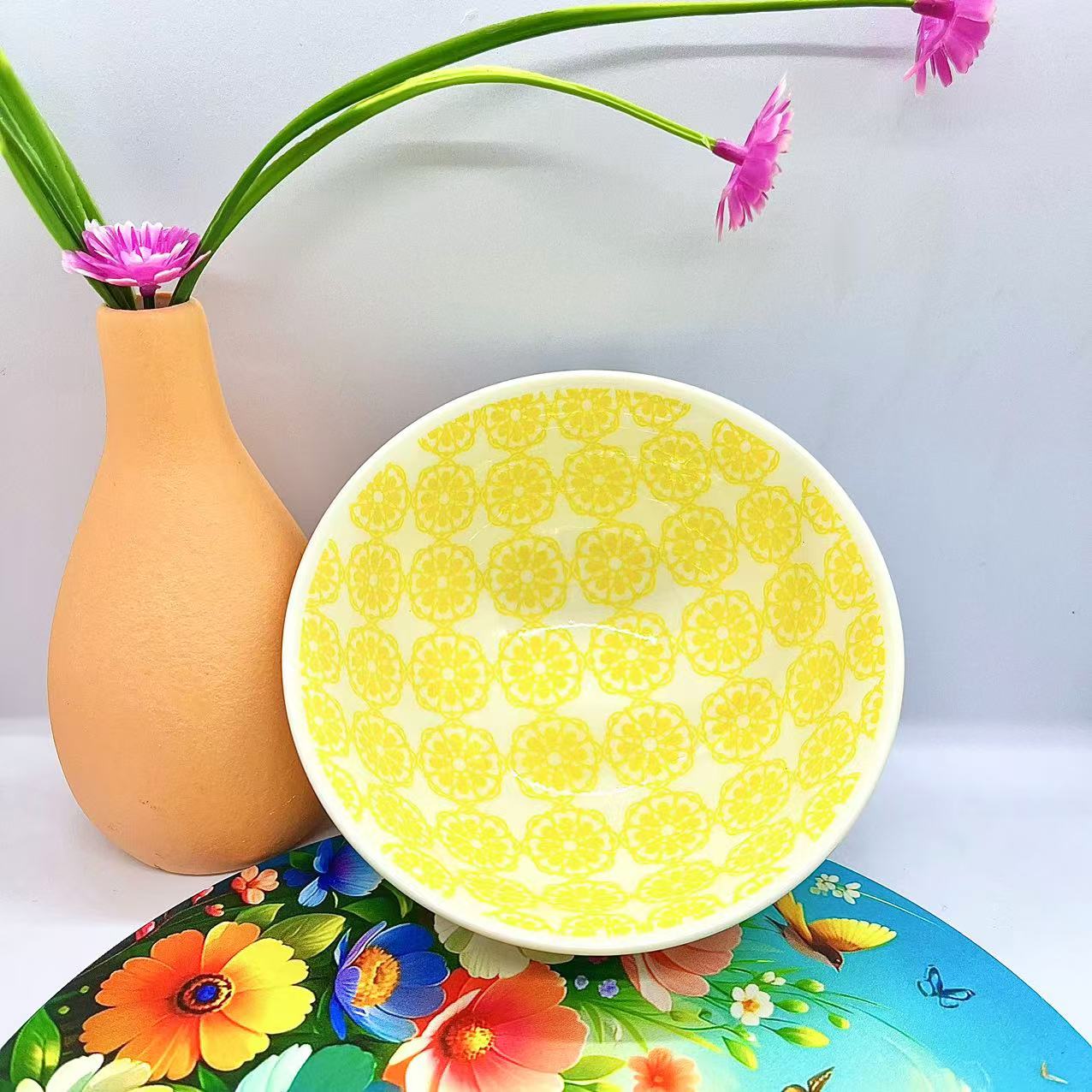 （4个装）波西米亚风黄柠檬4.5英寸米饭碗