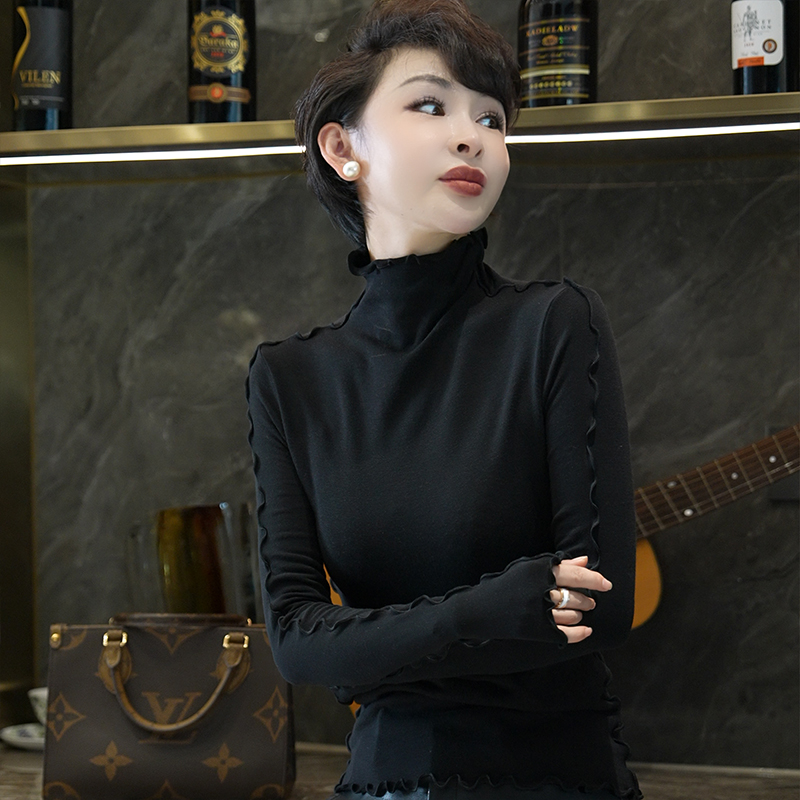秋冬季新款高领荷叶边长袖打底衫女时尚洋气百搭修身显瘦长袖T恤