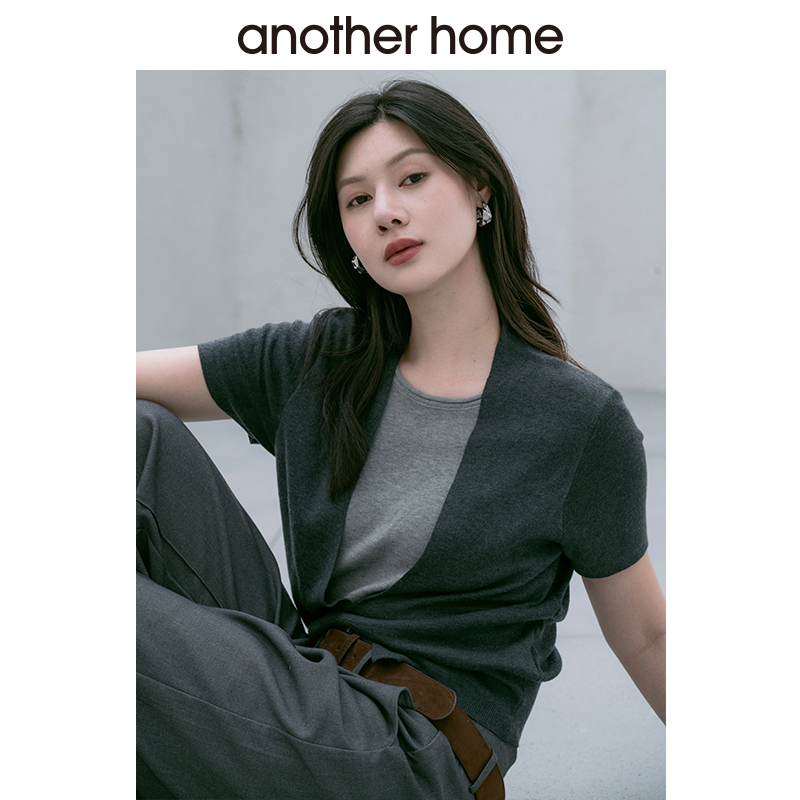anotherhome秋季短袖三分袖常规针织毛针织衫圆领女装简约打底衫