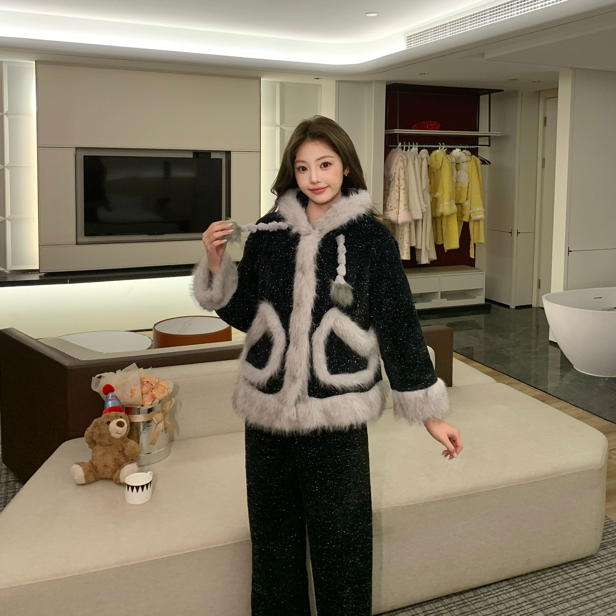 【纸落云烟】女士冬款睡衣保暖加厚家居服高贵气质奢华毛领套装A112