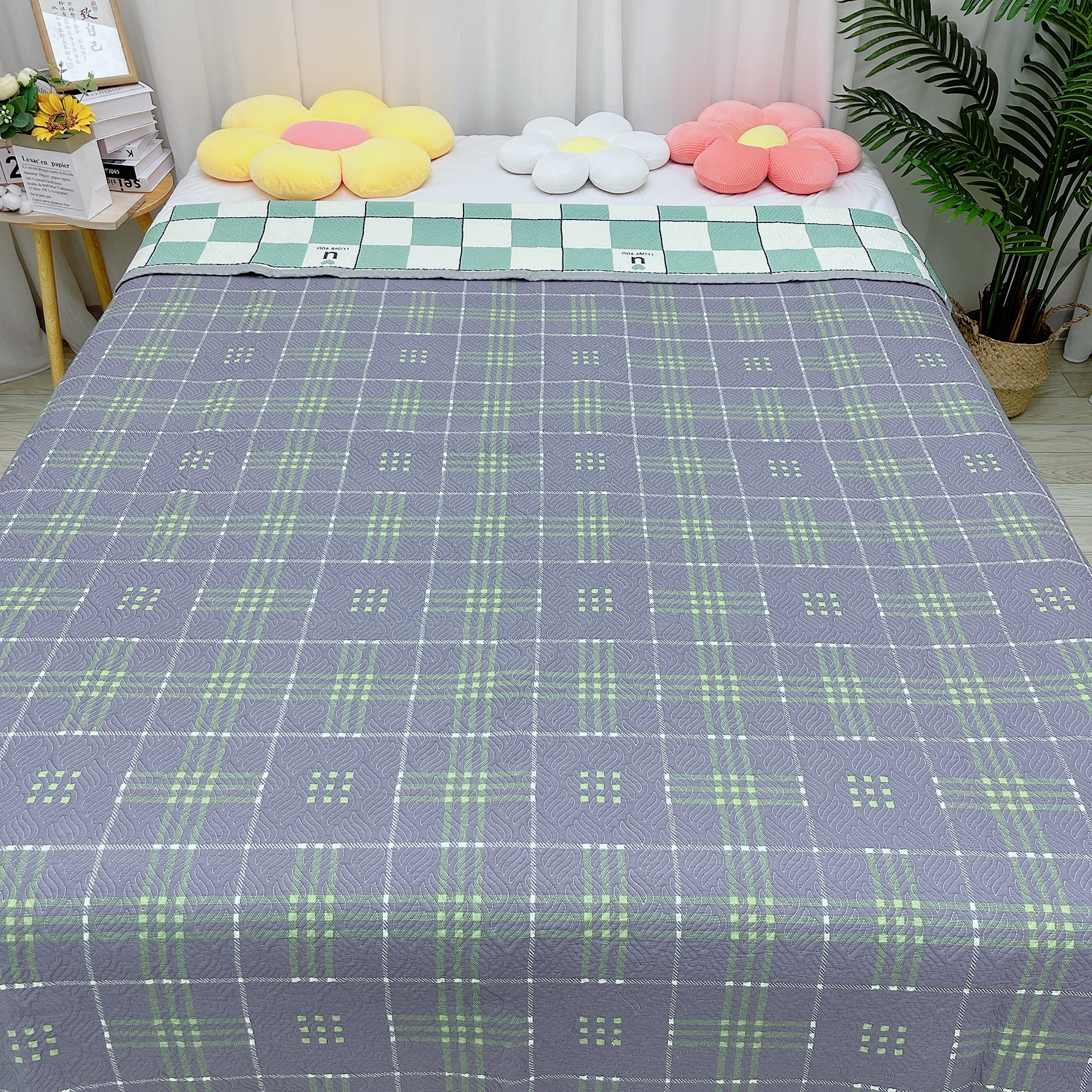 双面可用100%全棉床盖单件四季款纯棉加棉绗缝防滑加厚床单软垫