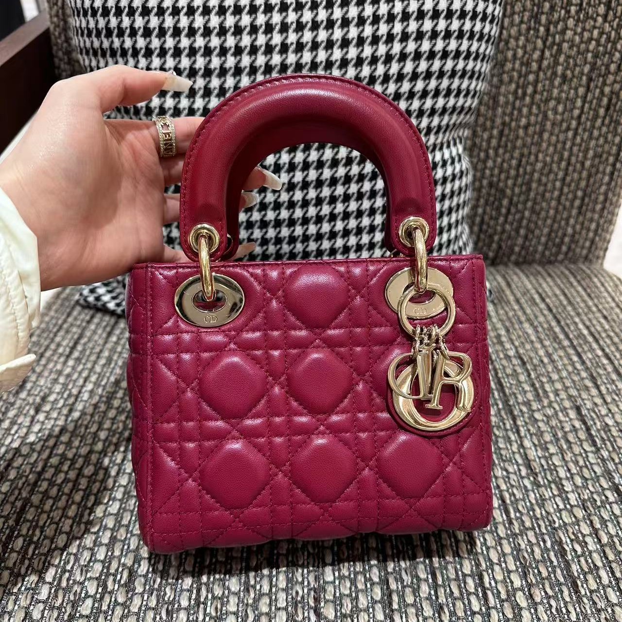 95新 DIOR/迪奥 经典三格红金羊皮戴妃手提斜挎包