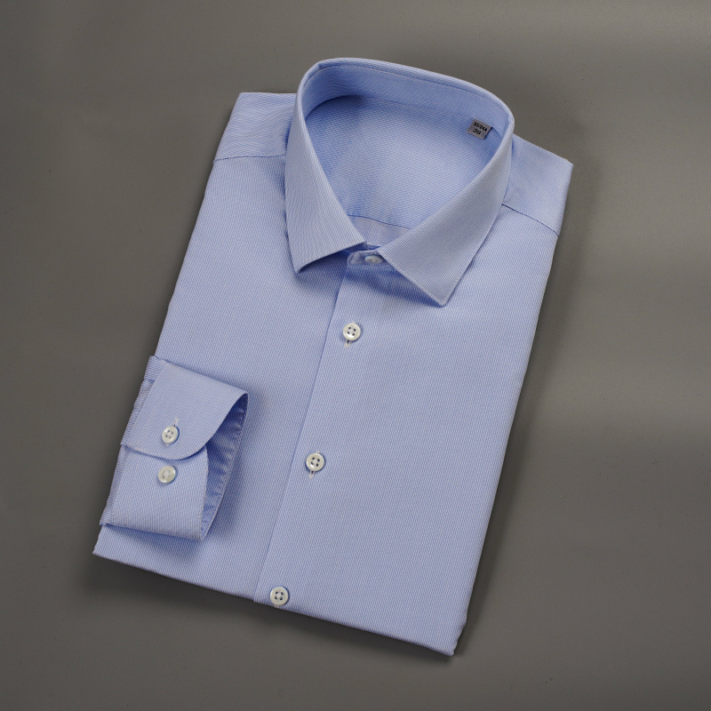 100棉蓝色细条纹DP免熨烫男士长袖衬衫高支棉剪标尾货