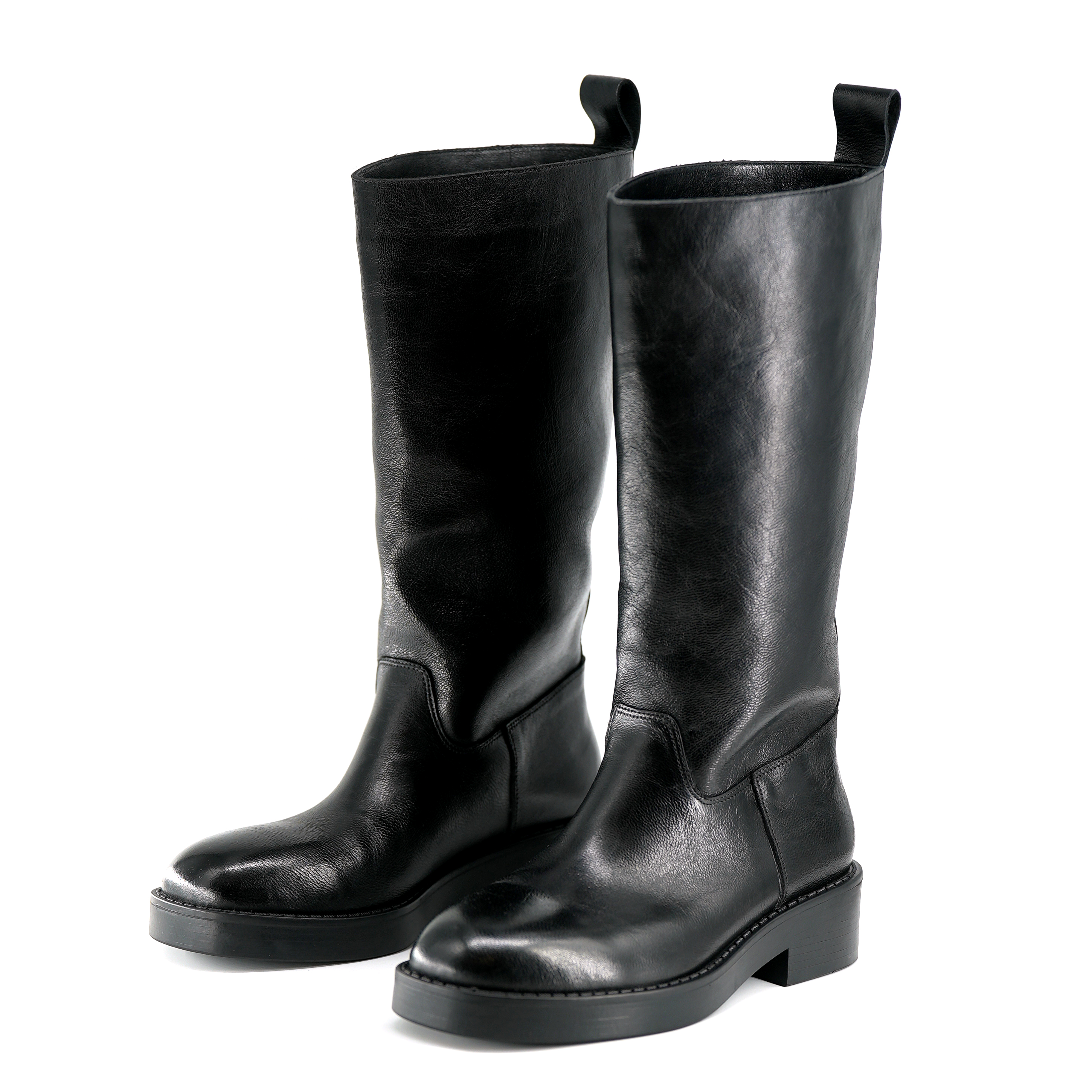 【小刚懂鞋】2024秋冬真皮骑士高筒厚底女靴黑色羊皮手工皮靴1939-A