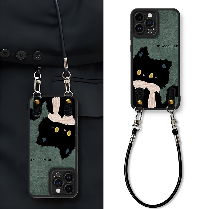 幸运小黑猫绿硅胶羊皮壳适用苹果华为小米vivo情侣oppo手机壳新款