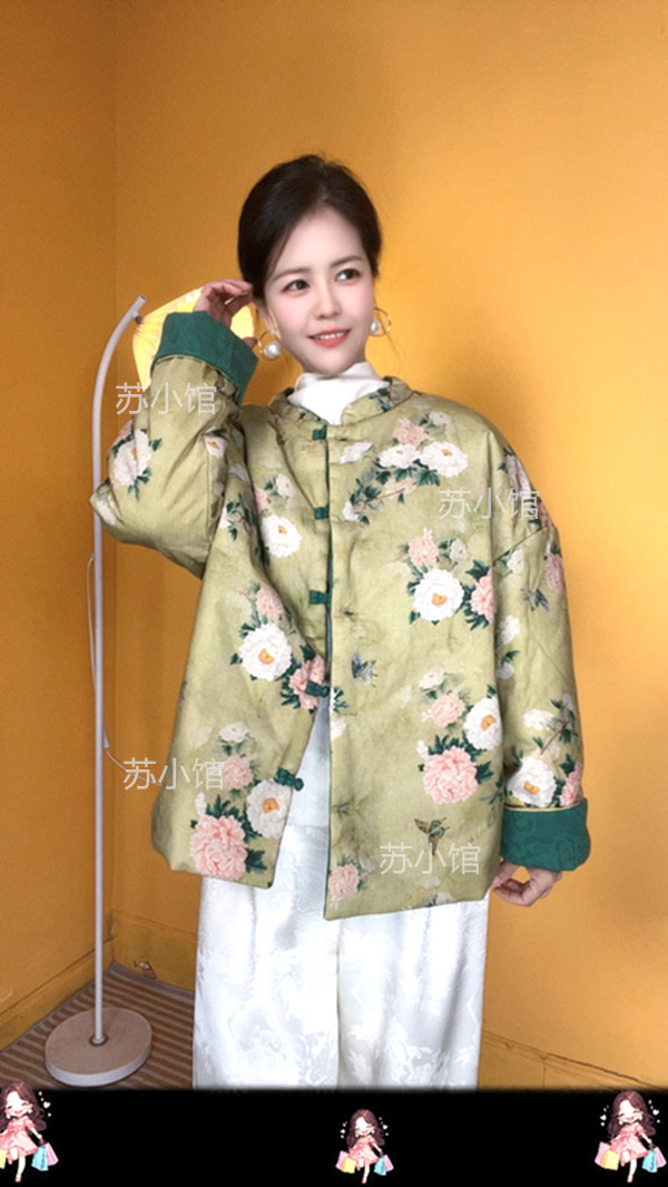 抹茶绿蝙蝠袖提花厚款棉衣加厚中国风拼接棉服复古立领绣花冬季