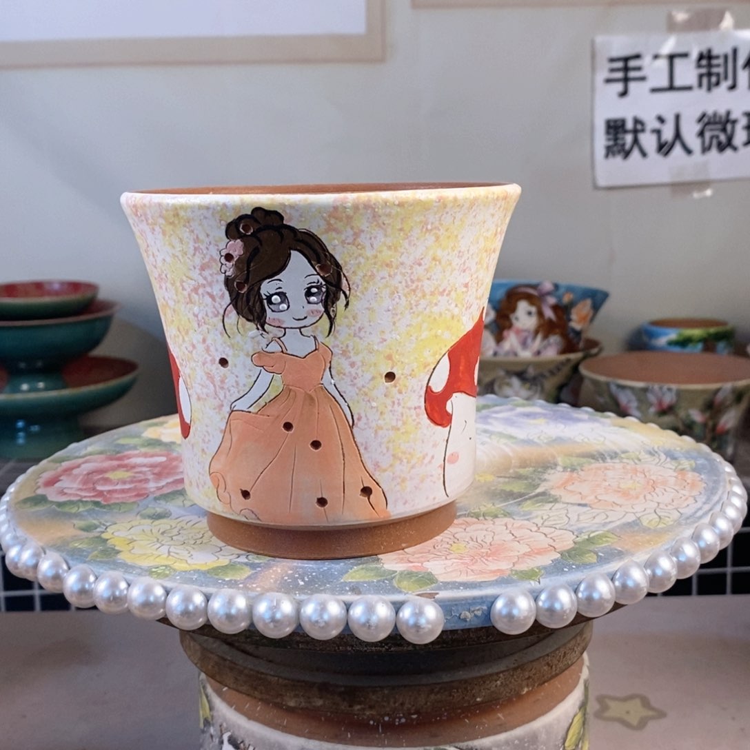 紫砂花盆红陶手绘花盆