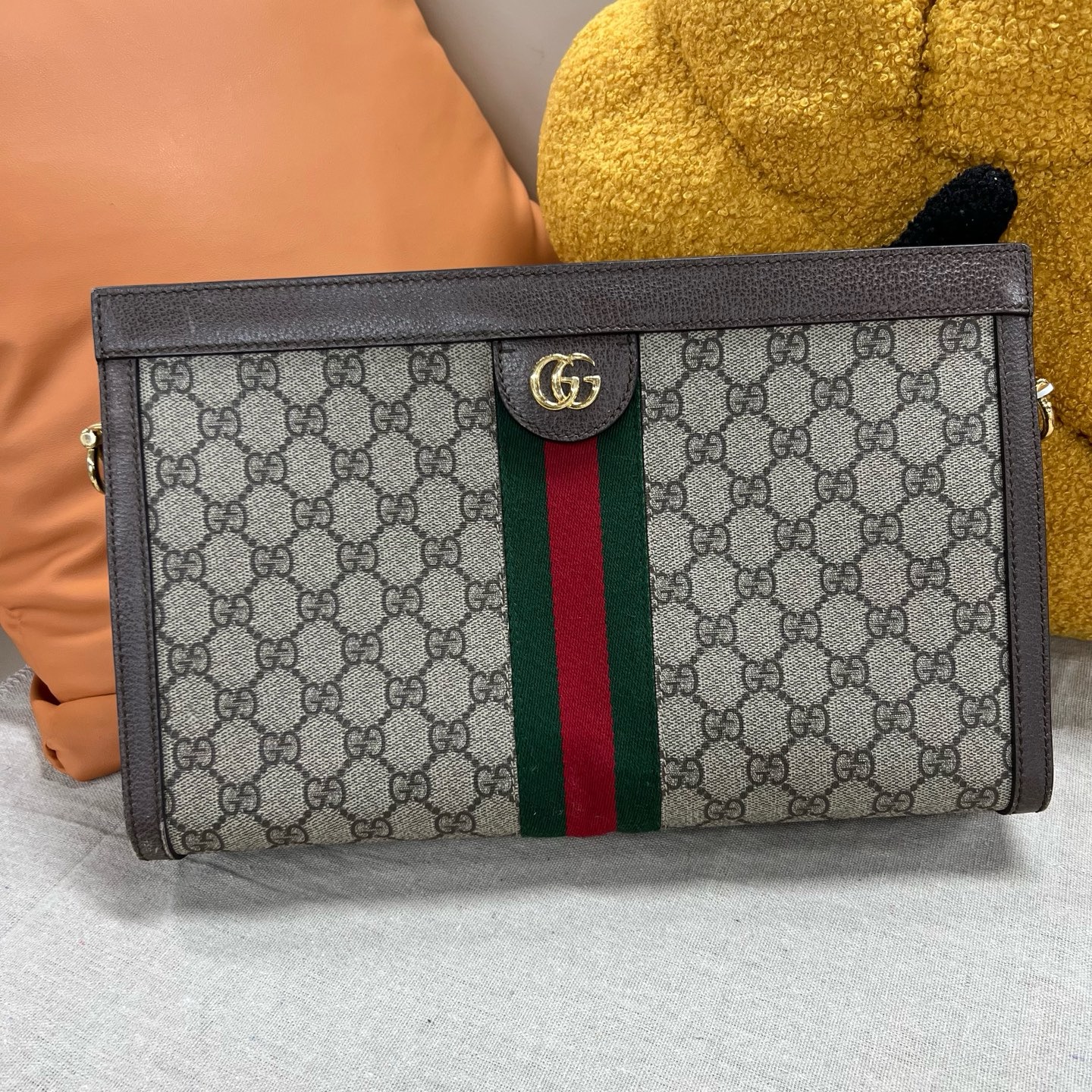 95新 GUCCI/古驰 Ophidia系列 乌木色 涂层帆布 夹子包 