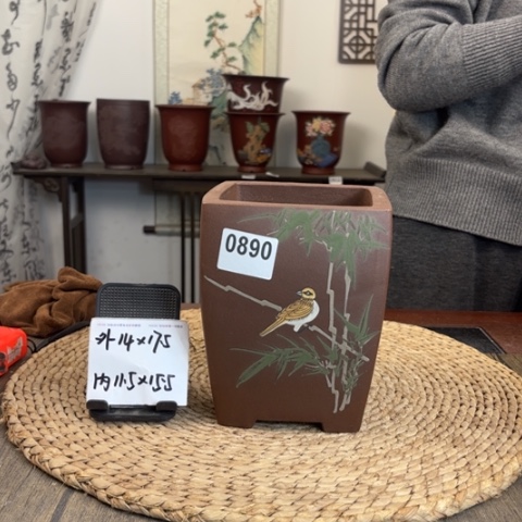 紫砂花盆紫玉金砂四方竹林鸟0890