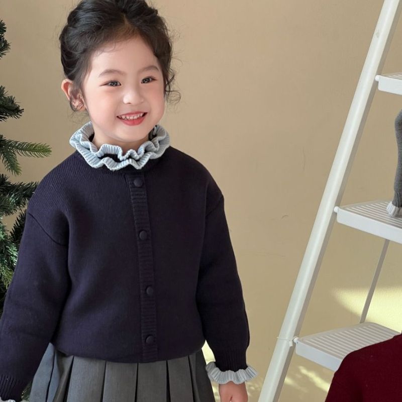 秋冬儿童一体绒针织衫新款毛衣加绒加厚女童木耳花边上衣女孩百搭