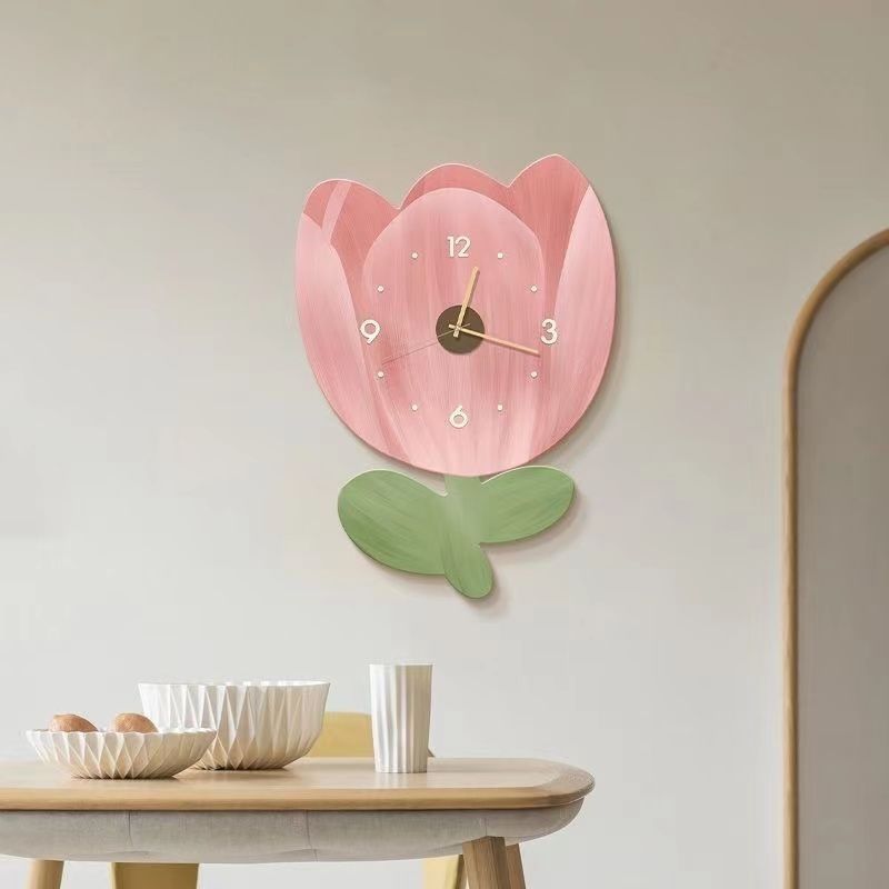 简约墙上郁金香表钟挂墙客创意花朵卧室田园风房间装饰静音时钟