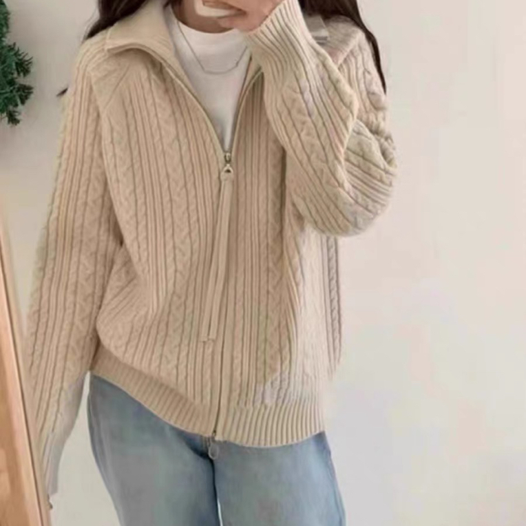 2025秋冬双拉链100%纯羊毛开衫女高翻领加厚麻花宽松羊毛毛衣外套
