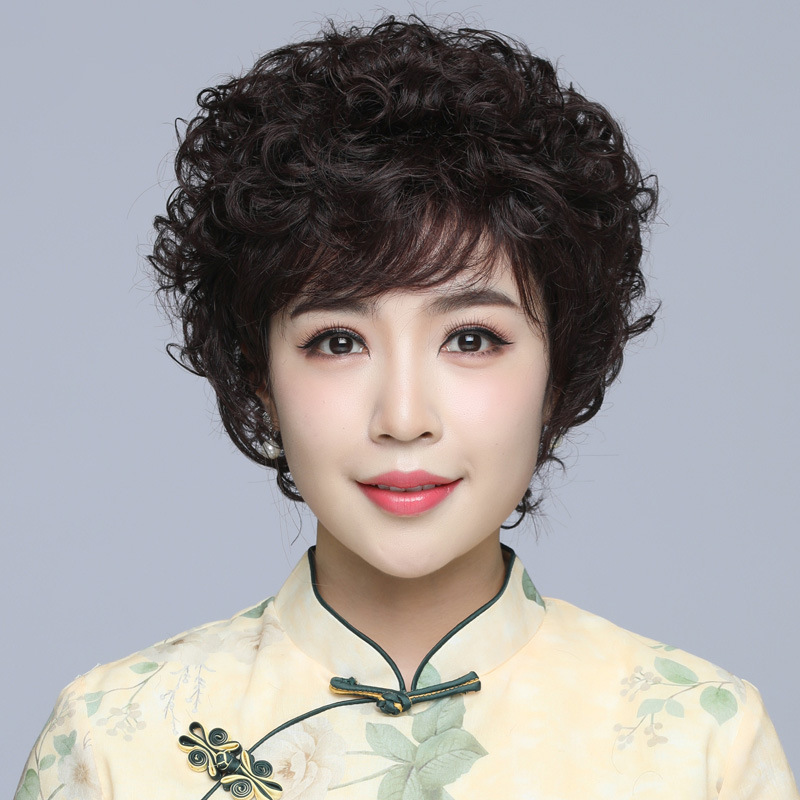真发假发女短发中老年人全头套全真人发丝短卷发妈妈假发套假头发