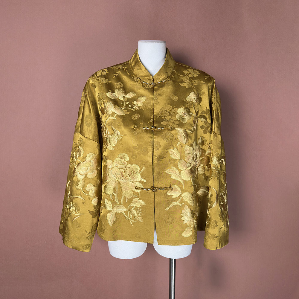 莨悦（100%桑蚕丝）香云纱新中式老软锻提花盘扣重工刺绣外套上衣