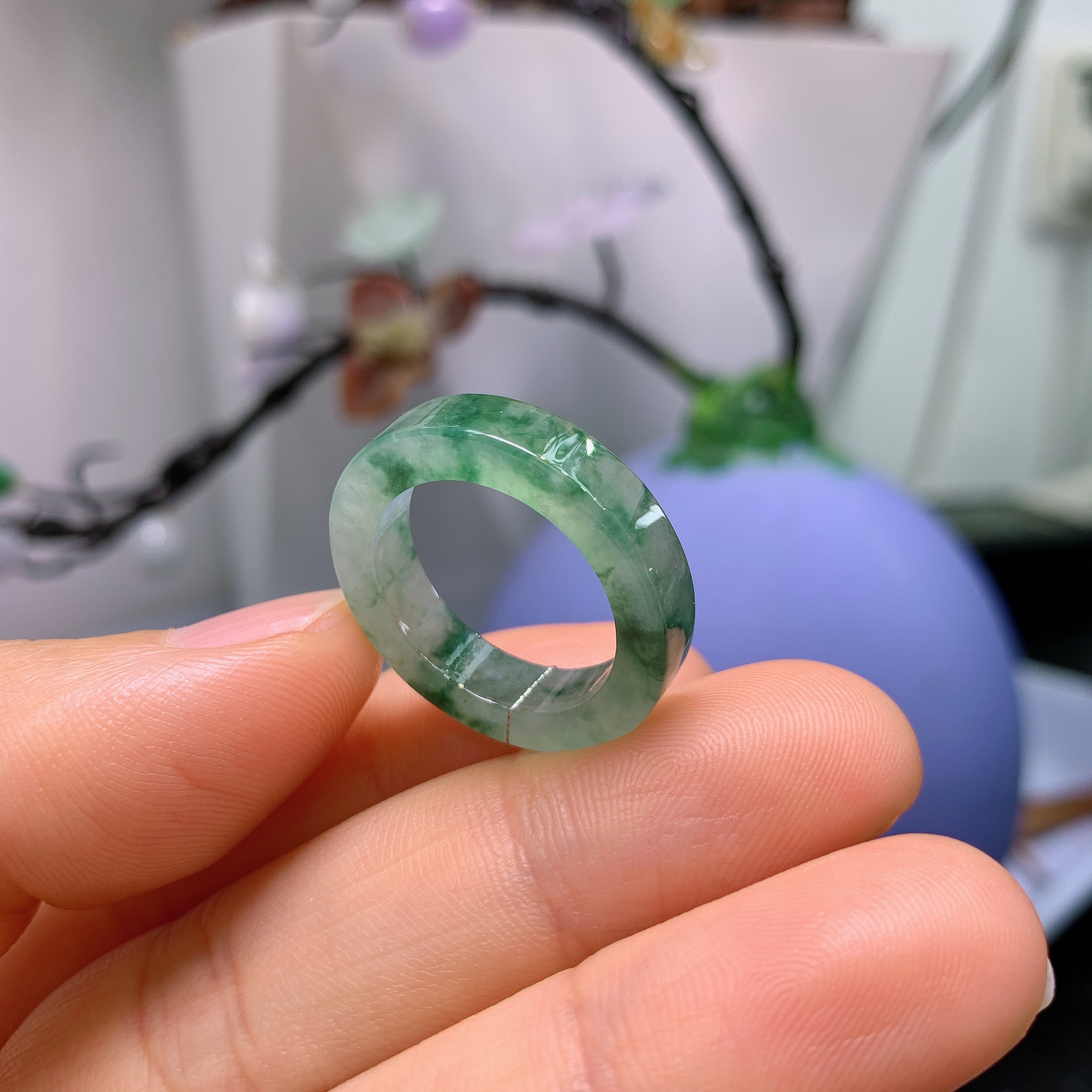14圈口缅甸天然翡翠A货冰润飘花方戒戒指A1049#