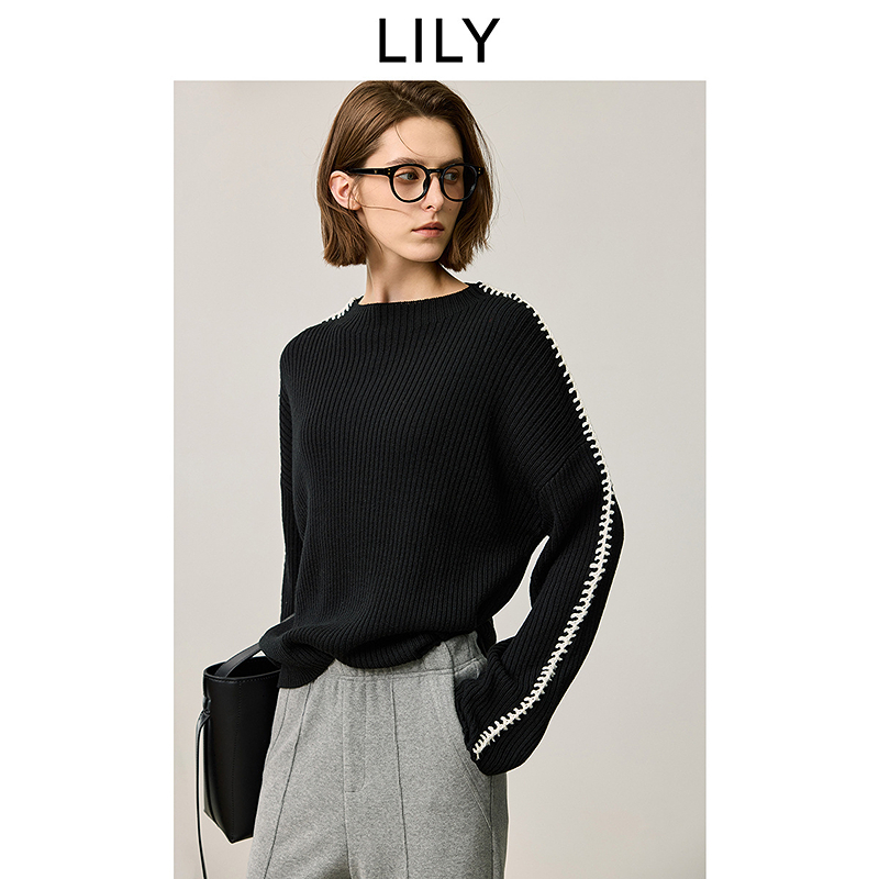 LILY2025冬新款女装羊毛混纺撞色套头圆领针织衫毛衣125409TKE02