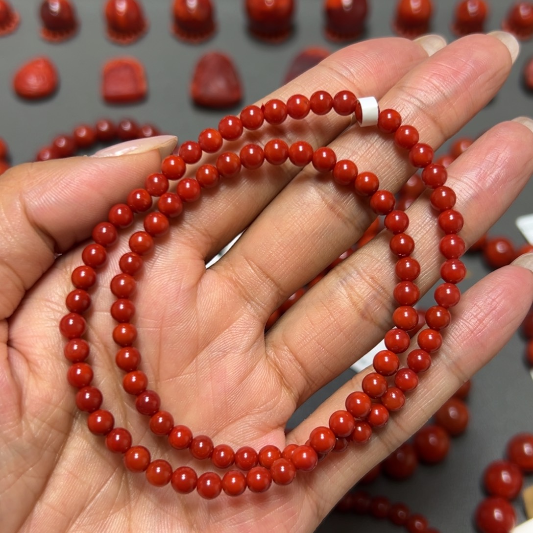 南红玛瑙未镶嵌手串 玫瑰锦红双圈 约4.6mm 高阶色