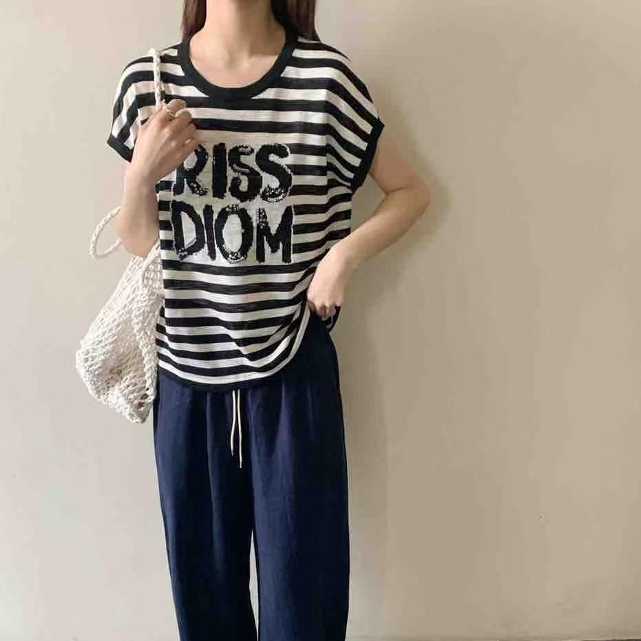 5037字母印花亮片圆领针织衫短袖甜美减龄时尚百搭夏季女