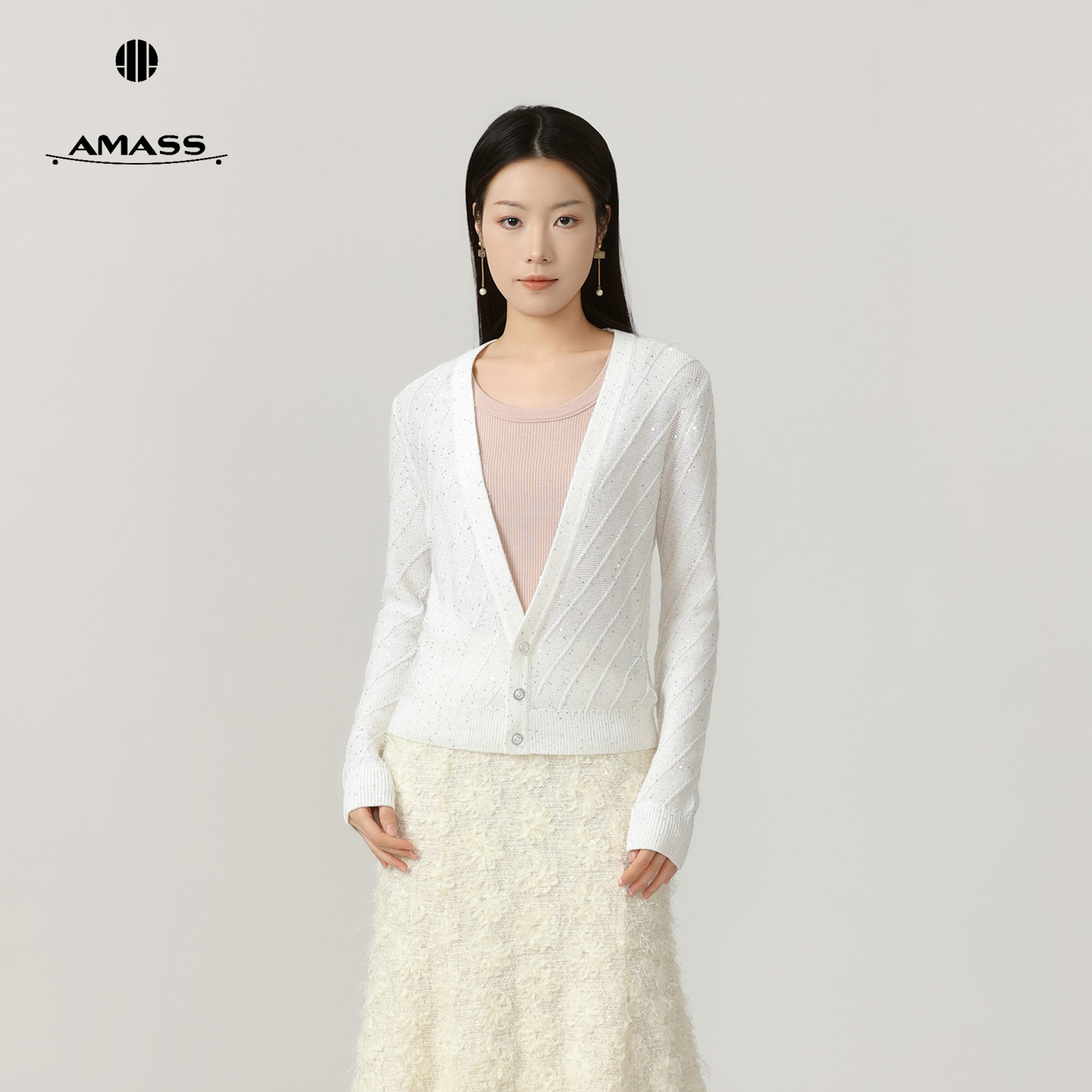 AMASS/阿玛施早春新款松弛感ins风深V洋气时髦百搭针织开衫548087