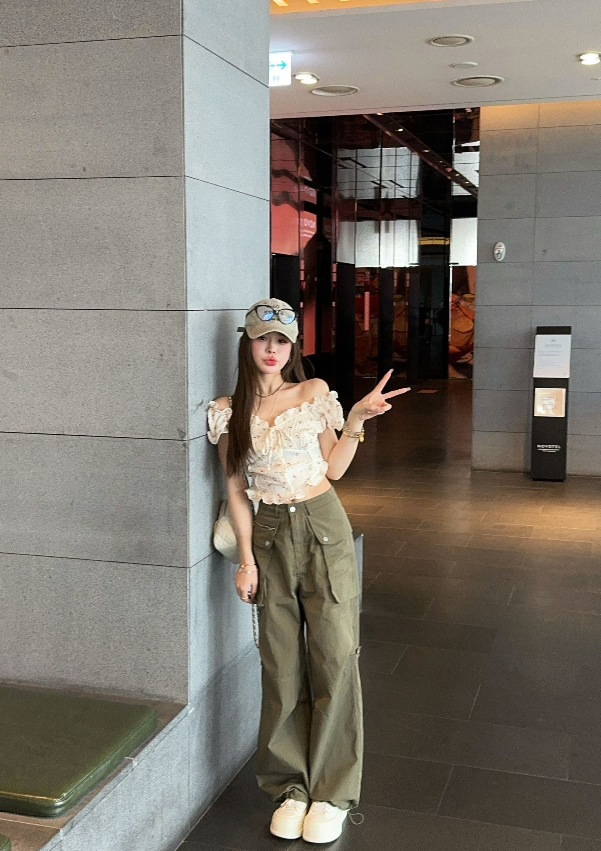 米娜家【古早韩女】泡菜订制军绿色拉链口袋工装裤