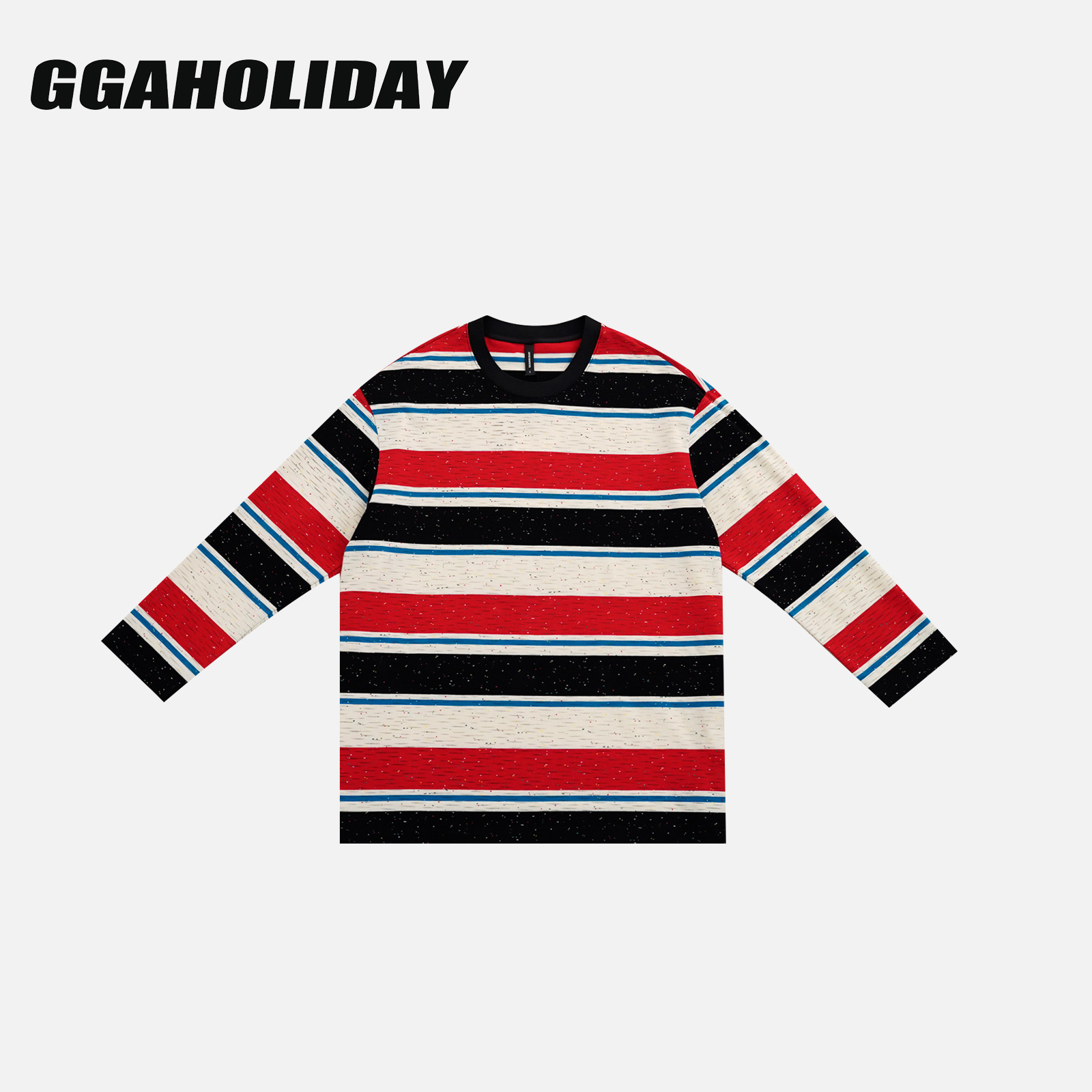 GGAHOLIDAY新款时尚休闲宽松复古条纹撞色打底长袖T恤上衣-153082