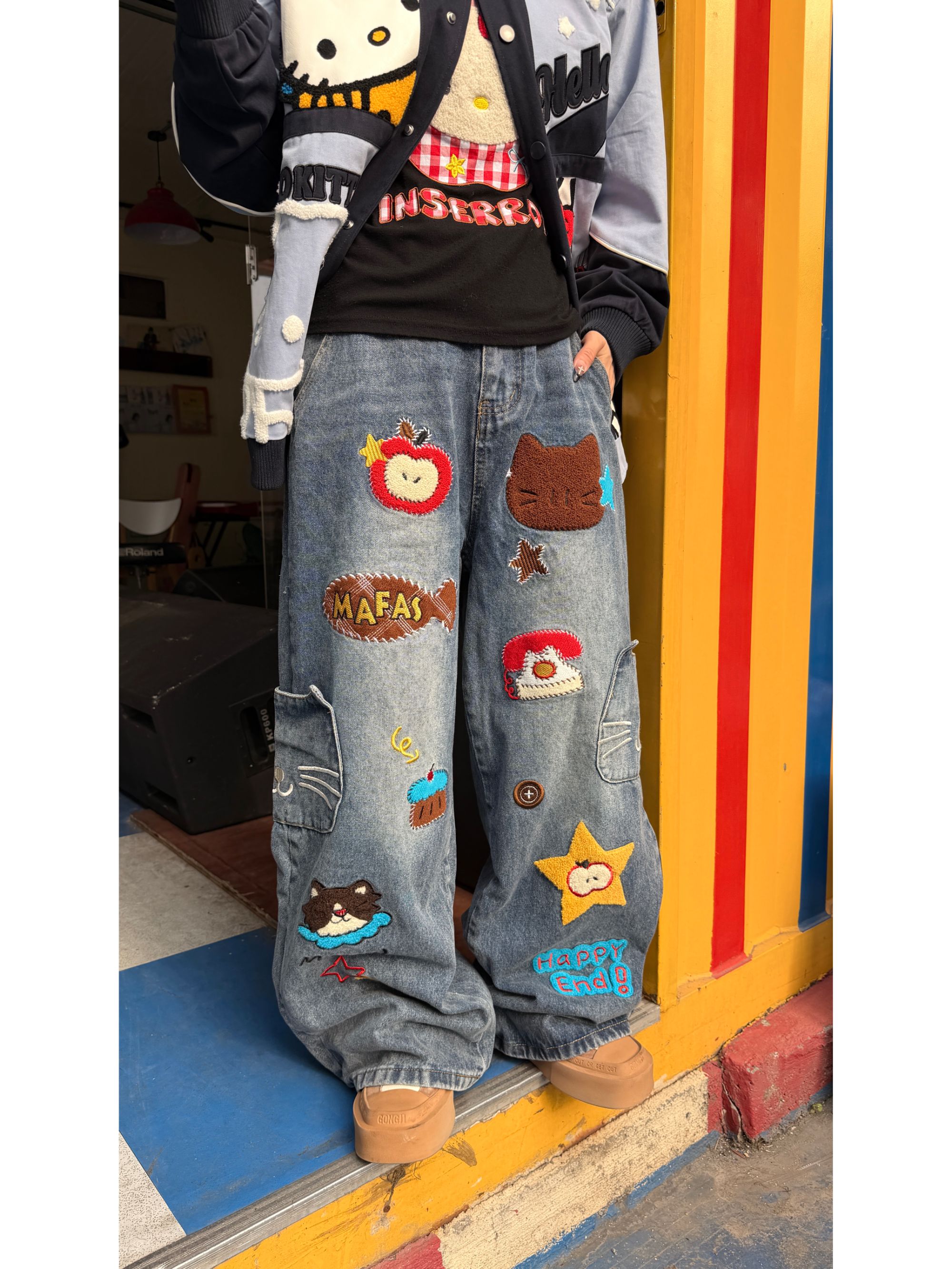 3甜【口袋电话小猫】时尚小众卡通趣味男女款弯刀牛仔裤k2960