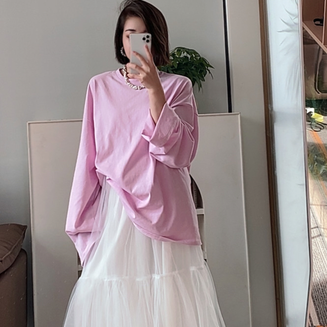早秋纯色长袖大版T恤女中长款宽松廓形打底上衣