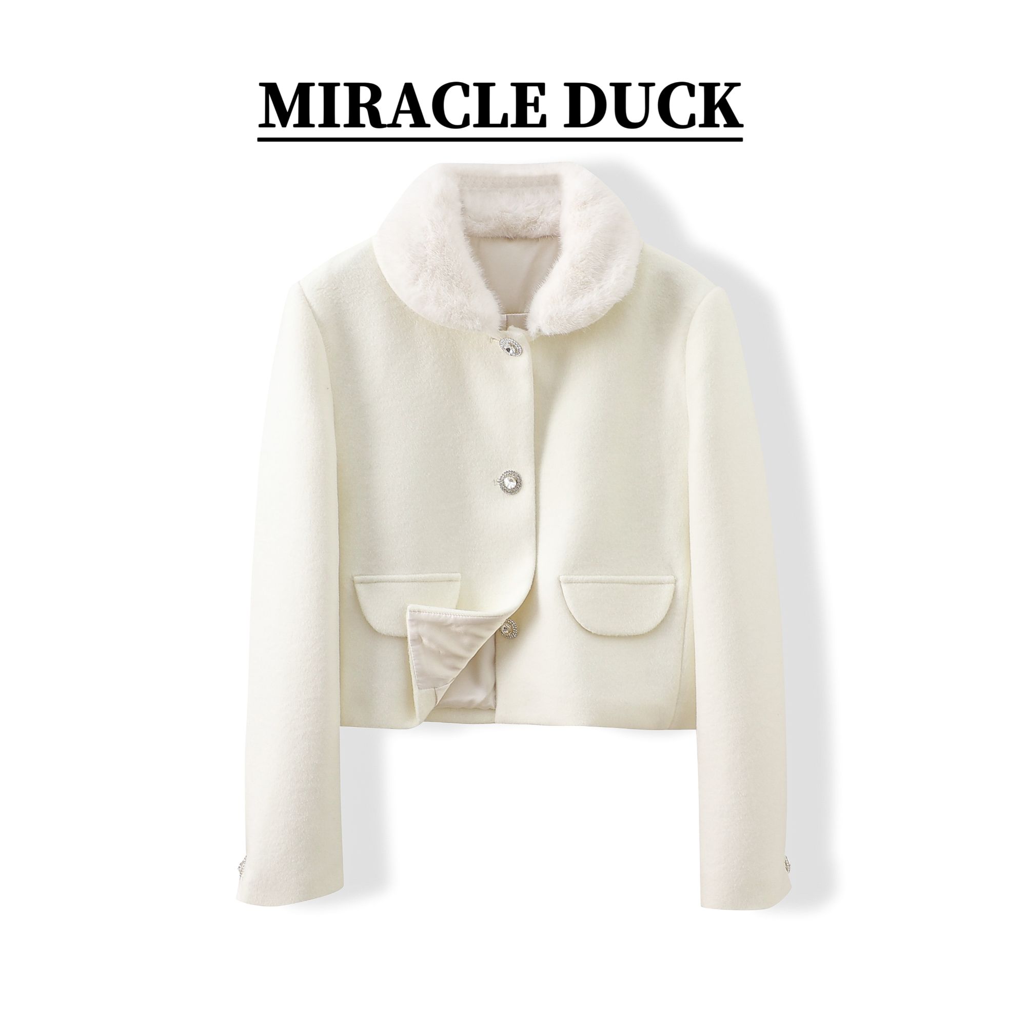 【心动季节】秋冬气质设计白色可拆卸毛毛翻领双面呢子外套C1950